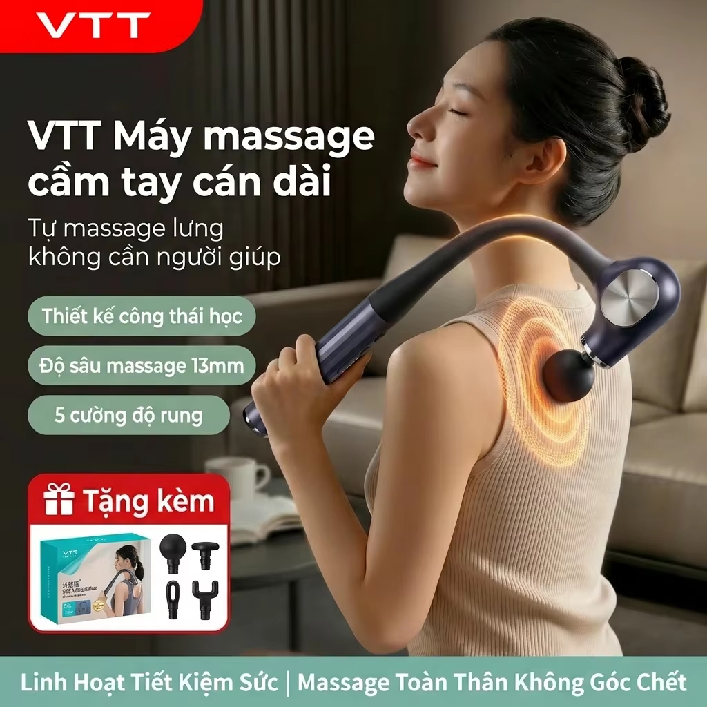 Máy massage cán dài VTT - Pin 30 ngày, sâu 13mm, 5 cấp tốc độ (Tặng hộp quà & 4 đầu)