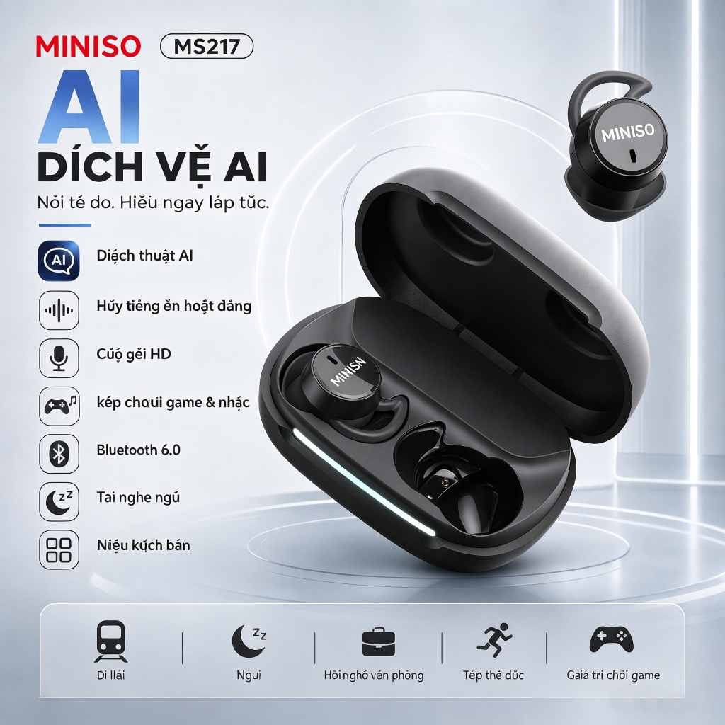 MINISO MS217 Tai nghe Bluetooth  Công nghệ AI dịch thuật 134 ngôn ngữ  Chống ồn chủ động ANC Hỗ trợ giấc ngủ  siêu nhẹ Âm thanh HiFi Chống nước IPX5 | BigBuy360 - bigbuy360.vn