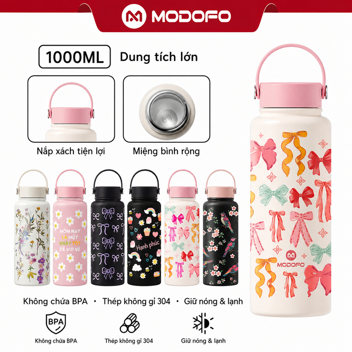 MODOFO 【Dung tích lớn 1000ML】Bình giữ nhiệt in hình dễ thương, có ống hút, tiện lợi mang theo, giữ nóng và lạnh lâu