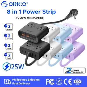 ORICO Dải nguồn 8 trong 1 US GaN PD25W Sạc nhanh | 4 US Ổ Cắm AC + 2USB-A 22.5W + 2USB-C 25W Dây Nối Dài Máy Tính Để Bàn Mini 5FT Cắm Phẳng Bảo Vệ Chống Sét