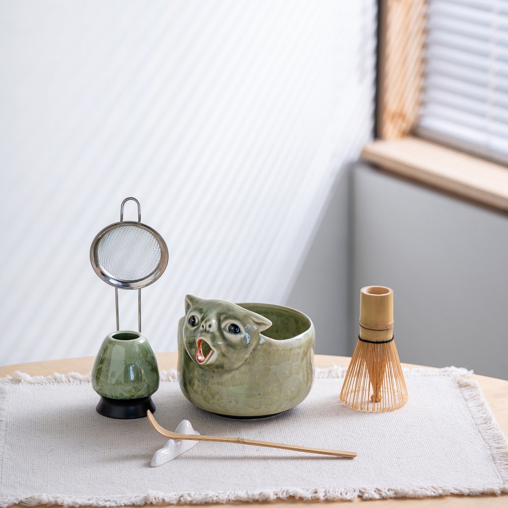 Tay Pha Lê Glaze Ngộ nghĩnh Nôn Mèo Matcha Bát Năm Mảnh Bộ Hình Dạng Ba Chiều Với Miệng Trà Tre Tự Nhiên Shaker Lọc Full Chữa Bệnh Nô Lệ
