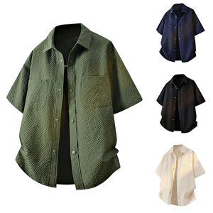 Nam Green Work Áo Sơ Mi Công Sở Nút Trang Trọng Tay Ngắn Túi Màu Đen Oversize Áo Sơ Mi Thường Ngày