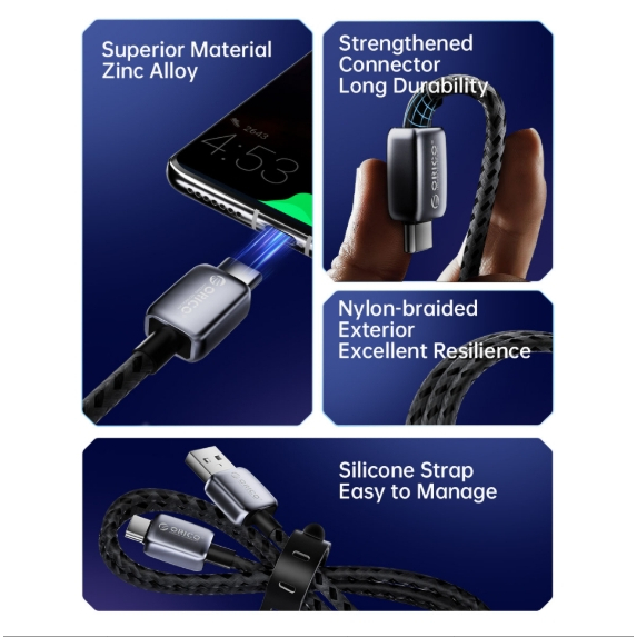 Cáp ORICO PD66W 6A USB-A sang Type-C Sạc tốc độ cao bện Nylon 2 mét màu đen