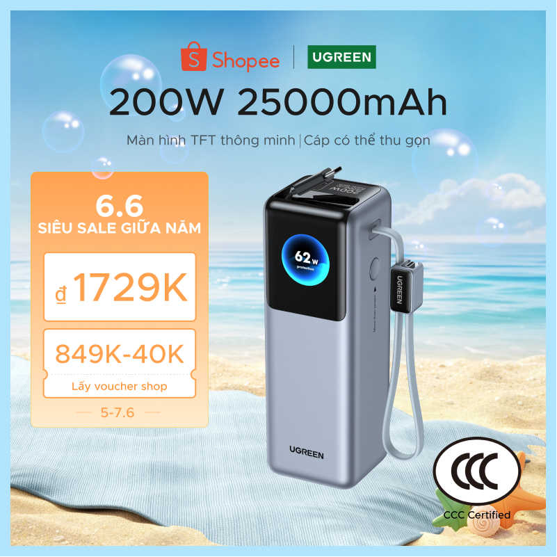 【Được chứng nhận CCC】UGREEN 200W 25000mAh Sạc nhanh Power Bank Cáp tích hợp kép Màn hình TFT thông minh Sạc pin cao cấp ô tô 4 thiết bị Tương thích cho Macbook Pro iPhone 17 Pro Max