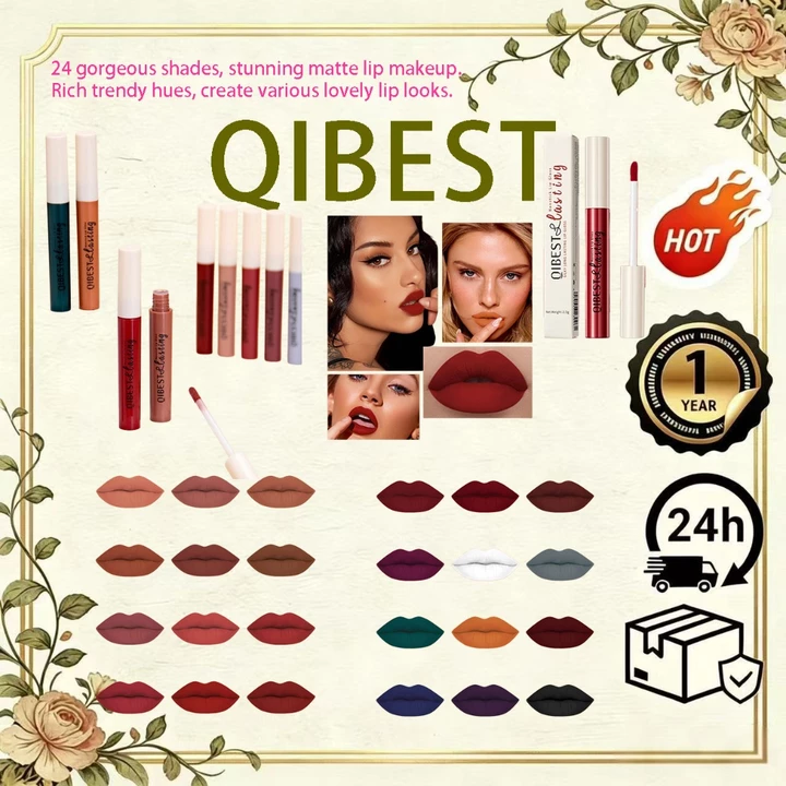 Son bóng mờ không dính QIBEST | Son môi lỏng lâu trôi không thấm nước | Son Tint chống nhòe | 24 sắc thái hợp thời trang | Kem dưỡng môi mang sắc tố cao suốt ngày