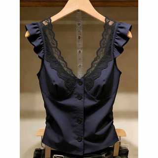 Pháp Hải Quân Xanh Ren Edge Cổ Chữ v Camisole Nữ Mùa Hè Đẹp Dây Đeo Ngực Miếng Lót Độc Đáo Đẹp Ngắn Top