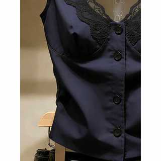 Pháp Hải Quân Xanh Ren Edge Cổ Chữ v Camisole Nữ Mùa Hè Đẹp Dây Đeo Ngực Miếng Lót Độc Đáo Đẹp Ngắn Top