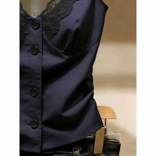 Pháp Hải Quân Xanh Ren Edge Cổ Chữ v Camisole Nữ Mùa Hè Đẹp Dây Đeo Ngực Miếng Lót Độc Đáo Đẹp Ngắn Top