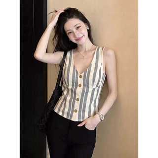 Thiết Kế Pháp Nút Sọc Sâu Cổ Chữ v Camisole Nữ Mùa Hè Nhỏ Người Bên Trong Trận Đấu Cô Gái Nóng Áo Sơ Mi Nhỏ Top