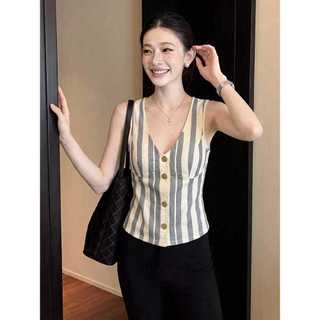 Thiết Kế Pháp Nút Sọc Sâu Cổ Chữ v Camisole Nữ Mùa Hè Nhỏ Người Bên Trong Trận Đấu Cô Gái Nóng Áo Sơ Mi Nhỏ Top
