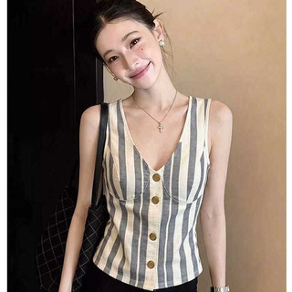 Thiết Kế Pháp Nút Sọc Sâu Cổ Chữ v Camisole Nữ Mùa Hè Nhỏ Người Bên Trong Trận Đấu Cô Gái Nóng Áo Sơ Mi Nhỏ Top