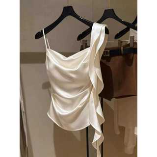 Pháp Sang Trọng Sling Cổ Không Tay Camisole Nữ Mùa Hè Thiết Kế Eo hẹp Niche Streamer Xếp Ly Ngắn Top