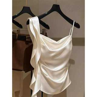 Pháp Sang Trọng Sling Cổ Không Tay Camisole Nữ Mùa Hè Thiết Kế Eo hẹp Niche Streamer Xếp Ly Ngắn Top