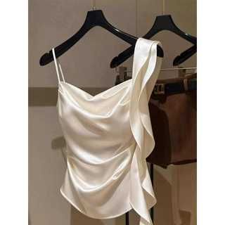 Pháp Sang Trọng Sling Cổ Không Tay Camisole Nữ Mùa Hè Thiết Kế Eo hẹp Niche Streamer Xếp Ly Ngắn Top