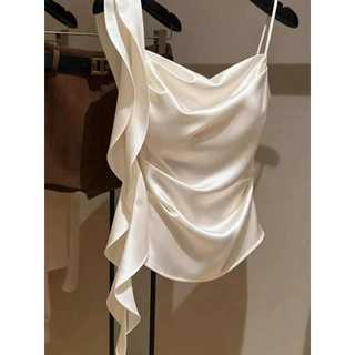 Pháp Sang Trọng Sling Cổ Không Tay Camisole Nữ Mùa Hè Thiết Kế Eo hẹp Niche Streamer Xếp Ly Ngắn Top