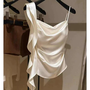 Pháp Sang Trọng Sling Cổ Không Tay Camisole Nữ Mùa Hè Thiết Kế Eo hẹp Niche Streamer Xếp Ly Ngắn Top