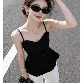 Pháp Cao Cấp Cảm Giác Đen Sling Không Tay Áo Vest Nữ Mùa Hè Nóng Cô Gái Phong Cách Thiết Kế Gợi Cảm Hẹp Eo Ôm Hơn Nhìn Top