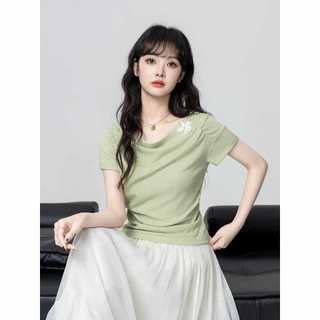 Pháp Matcha Xanh Không Đều Cổ Xoay Ngắn Tay Áo Thun Nữ Thiết Kế Mùa Hè Áo Thun Nữ Tay Ngắn Sang Trọng Ngắn Top