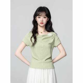Pháp Matcha Xanh Không Đều Cổ Xoay Ngắn Tay Áo Thun Nữ Thiết Kế Mùa Hè Áo Thun Nữ Tay Ngắn Sang Trọng Ngắn Top