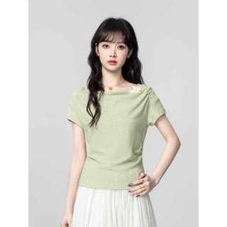 Pháp Matcha Xanh Không Đều Cổ Xoay Ngắn Tay Áo Thun Nữ Thiết Kế Mùa Hè Áo Thun Nữ Tay Ngắn Sang Trọng Ngắn Top