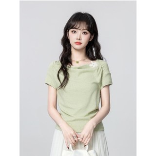 Pháp Matcha Xanh Không Đều Cổ Xoay Ngắn Tay Áo Thun Nữ Thiết Kế Mùa Hè Áo Thun Nữ Tay Ngắn Sang Trọng Ngắn Top