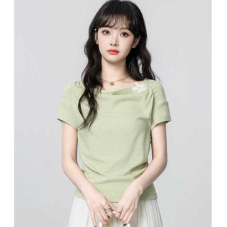 Pháp Matcha Xanh Không Đều Cổ Xoay Ngắn Tay Áo Thun Nữ Thiết Kế Mùa Hè Áo Thun Nữ Tay Ngắn Sang Trọng Ngắn Top