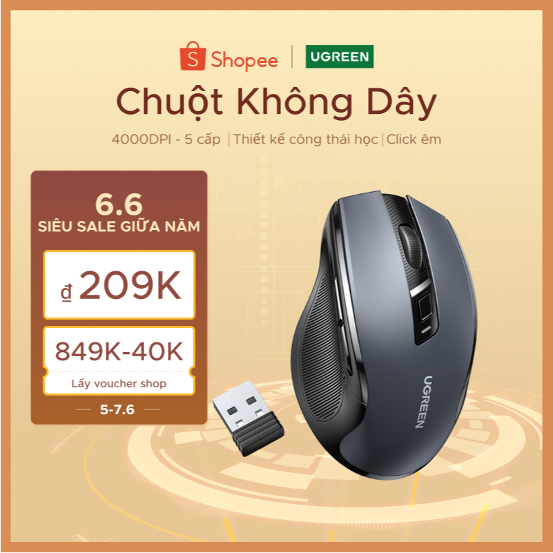Chuột không dây UGREEN, 6 nút im lặng, Cài đặt DPI 5 cấp độ 4000DPI, 2.4G có đầu thu Mini USB, Laptop PC / Mac / Linux