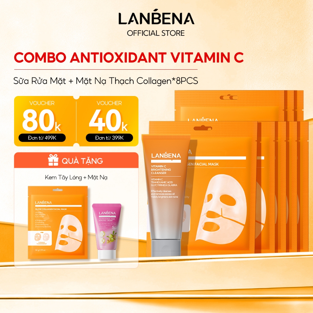 LANBENA 8 CÁI Mặt Nạ Thạch MẶT NẠ FACIAL COLLAGEN GLOW (34g) + VITAMIN C BRIGHTENING SẠCH 100ML