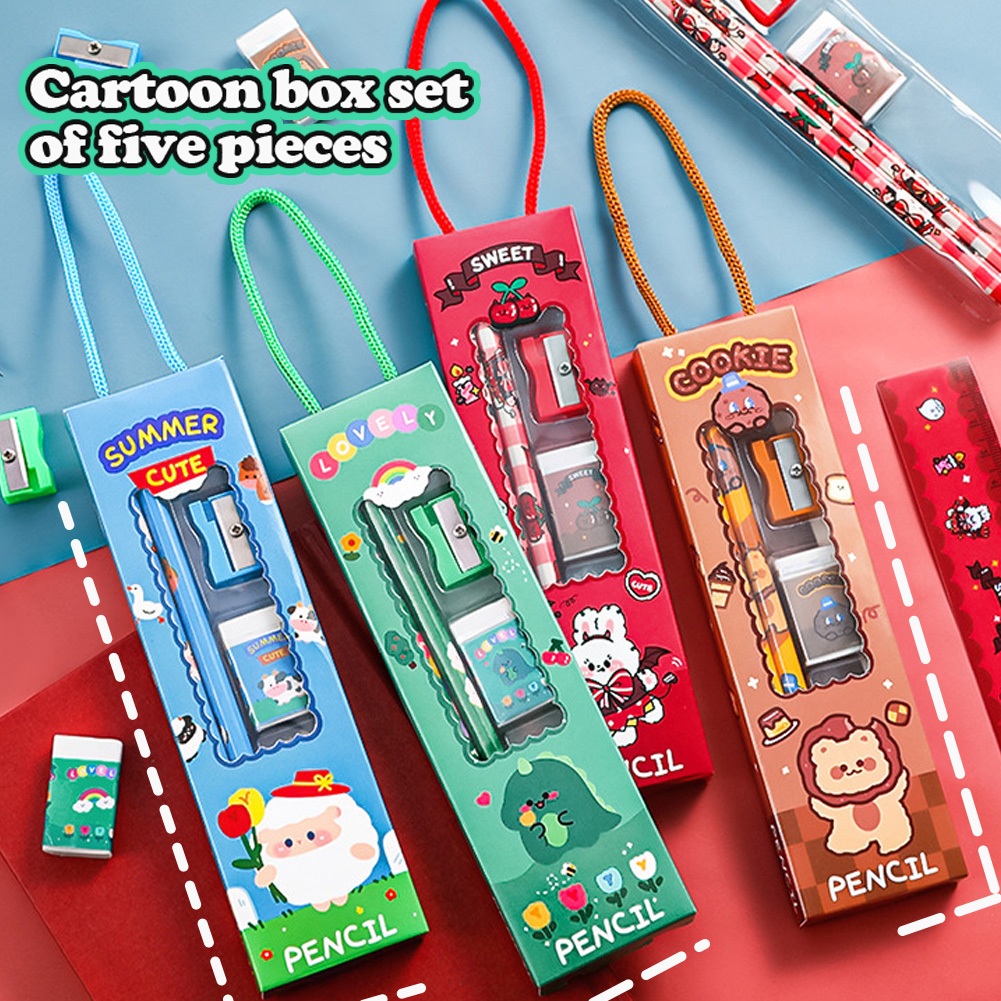 5 Trong 1 Trẻ Em Học Sinh Văn Phòng Phẩm Bộ Bút Chì Tẩy Thước Kawaii Viết Tiểu Học Đồ Dùng Học Sinh Kid Quà Tặng