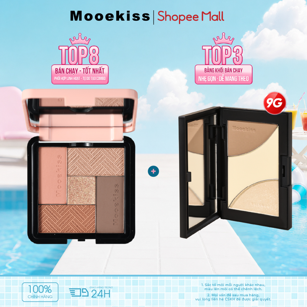 Combo Bảng Phấn Mắt Mooekiss 5 Màu + Bảng Tạo Khối 3 Màu 9g, Makeup Full Set, Dễ DùngNhũ Lấp LánhLì MịnSắc Tố CaoBão Hòa ThấpKhông LemNgười Mới Bắt Đầu