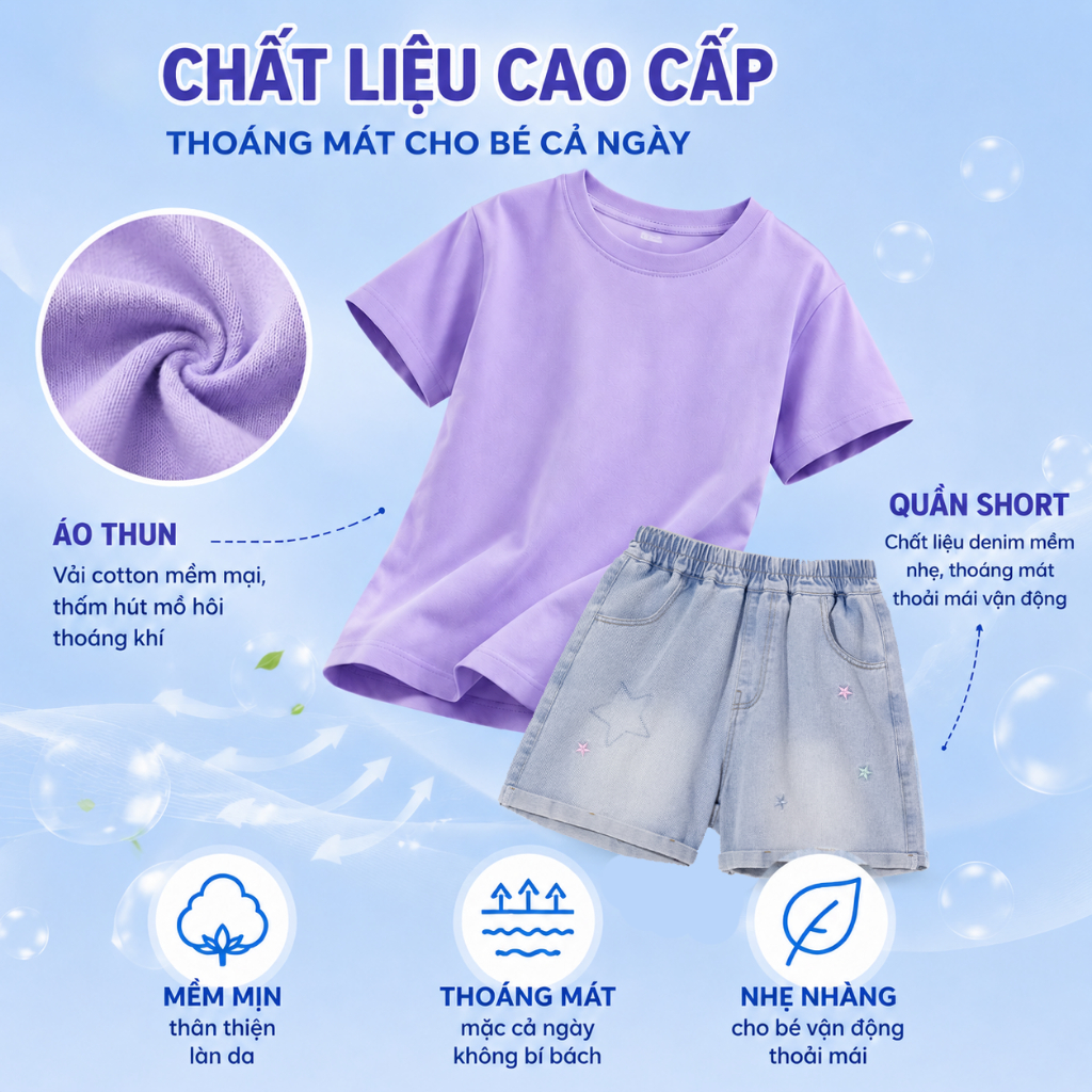 W.G.Q Bộ đồ bé gái，Áo thun phù hợp với quần short Denim，thời trang phù hợp，họa tiết in và thiết kế thêu