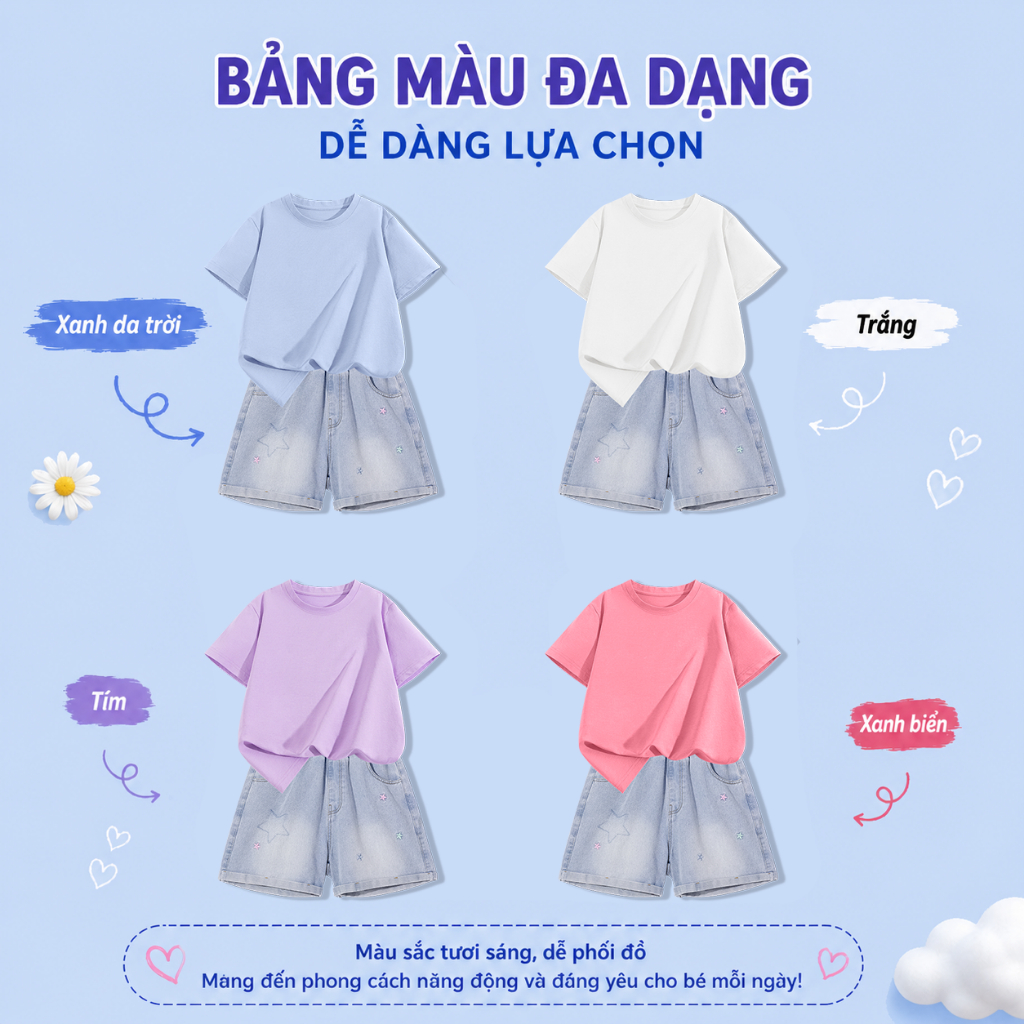 W.G.Q Bộ đồ bé gái，Áo thun phù hợp với quần short Denim，thời trang phù hợp，họa tiết in và thiết kế thêu