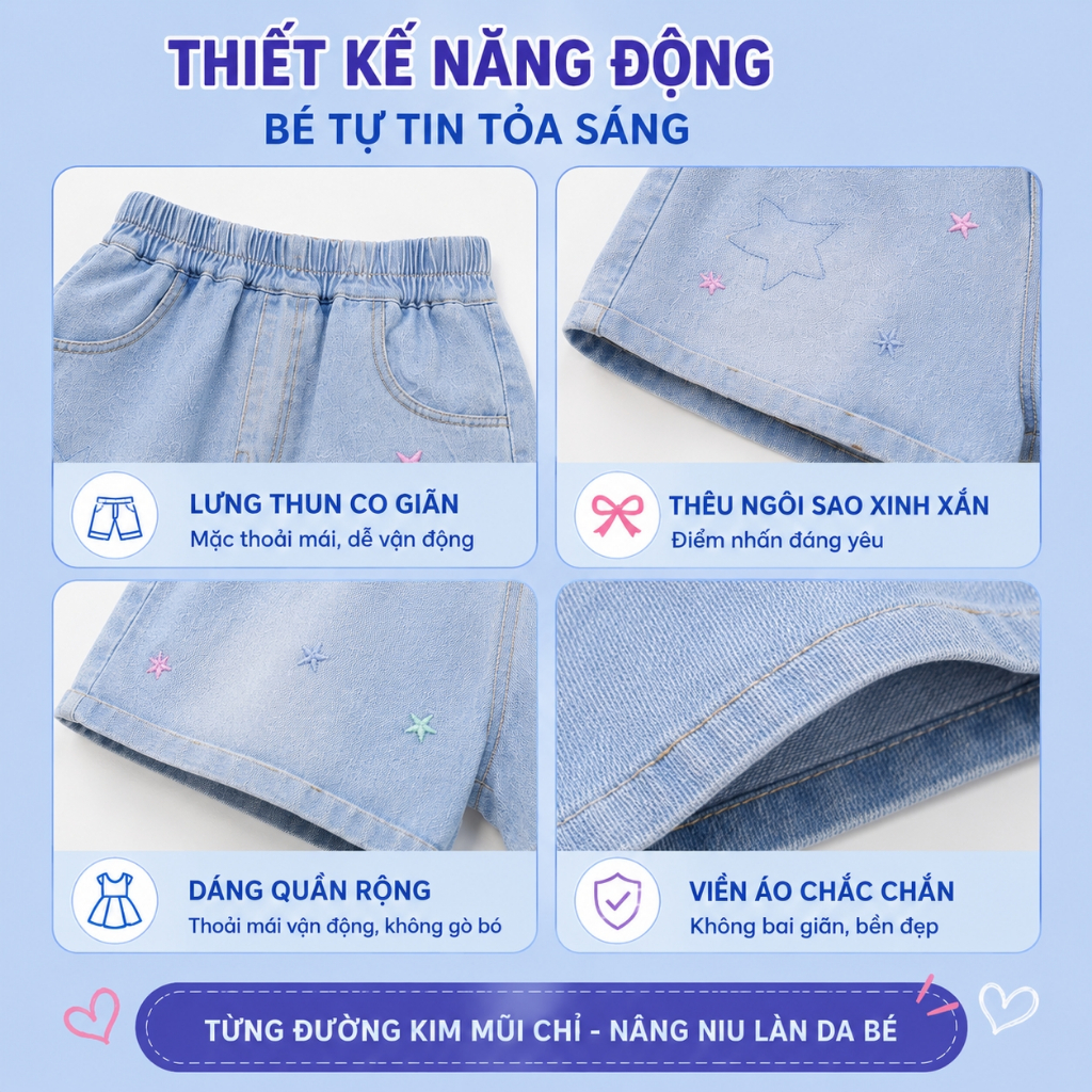 W.G.Q Bộ đồ bé gái，Áo thun phù hợp với quần short Denim，thời trang phù hợp，in hình dễ thương và thêu ngôi sao