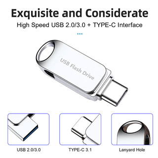 Type-C USB Flash Drive USB 3.0 2-in-1 OTG 2TB Large Capacity Metal Rotating Mini Dual Interface USB Drive, suitable for iPhone and iPad photo data storage