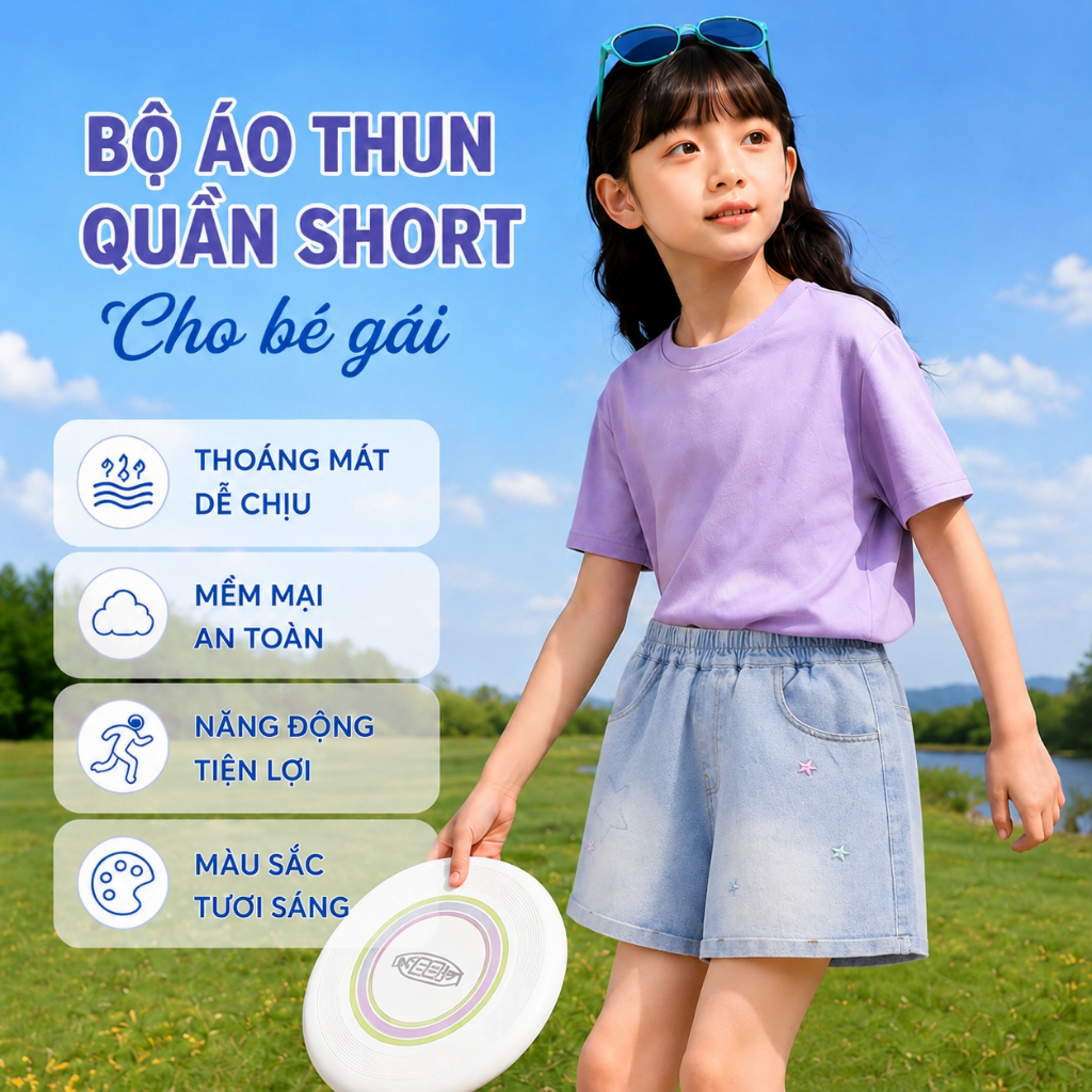 W.G.Q Bộ đồ bé gái，Áo thun phù hợp với quần short Denim，thời trang phù hợp，in hình dễ thương và thêu ngôi sao