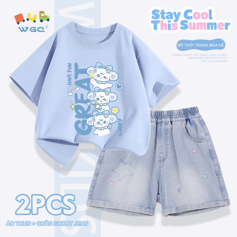 W.G.Q Bộ đồ bé gái，Áo thun phù hợp với quần short Denim，thời trang phù hợp，in hình dễ thương và thêu ngôi sao