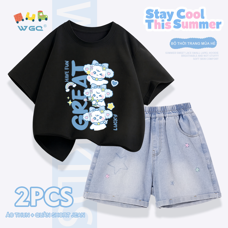 W.G.Q Bộ đồ bé gái，Áo thun phù hợp với quần short Denim，thời trang phù hợp，in hình dễ thương và thêu ngôi sao