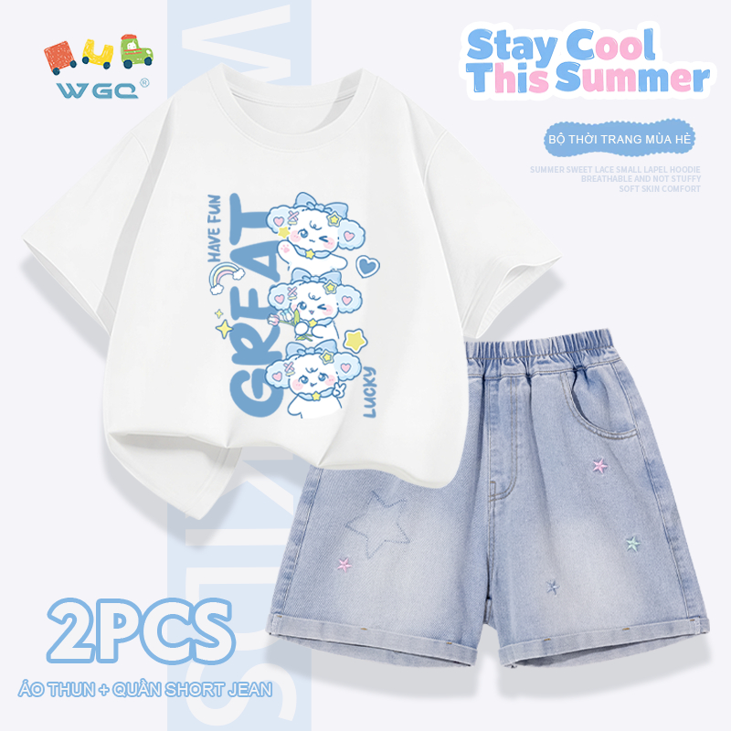 W.G.Q Bộ đồ bé gái，Áo thun phù hợp với quần short Denim，thời trang phù hợp，in hình dễ thương và thêu ngôi sao