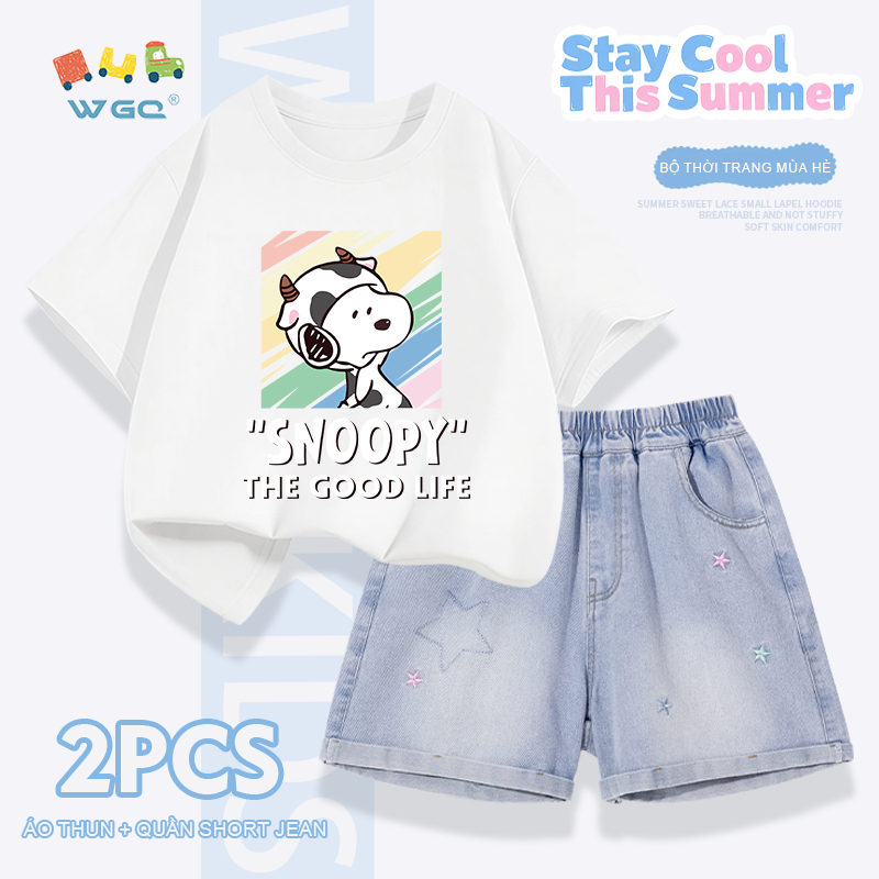 W.G.Q Bộ đồ bé gái，Áo thun phù hợp với quần short Denim，thời trang phù hợp，in hình SNOOPY và thêu ngôi sao