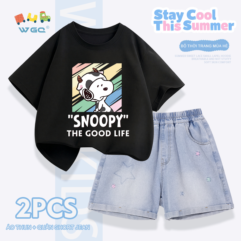 W.G.Q Bộ đồ bé gái，Áo thun phù hợp với quần short Denim，thời trang phù hợp，in hình SNOOPY và thêu ngôi sao