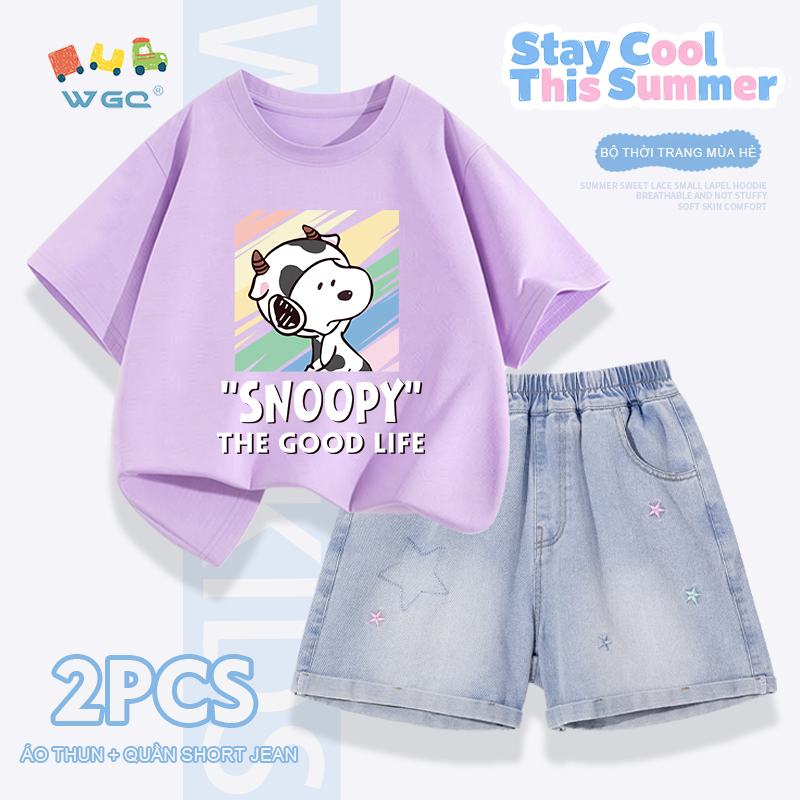 W.G.Q Bộ đồ bé gái，Áo thun phù hợp với quần short Denim，thời trang phù hợp，in hình SNOOPY và thêu ngôi sao