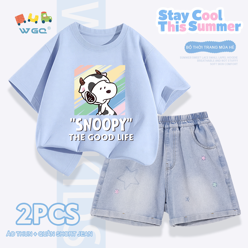 W.G.Q Bộ đồ bé gái，Áo thun phù hợp với quần short Denim，thời trang phù hợp，in hình SNOOPY và thêu ngôi sao