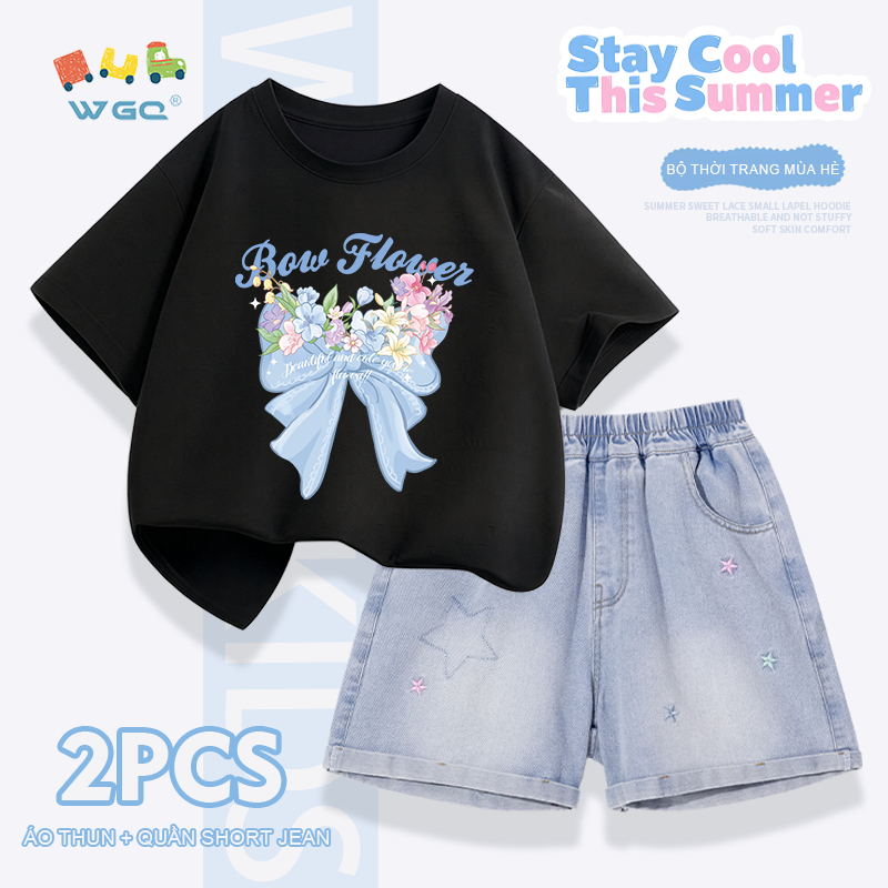 W.G.Q Bộ đồ bé gái，Áo thun phù hợp với quần short Denim，thời trang phù hợp，có hoa và thêu ngôi sao