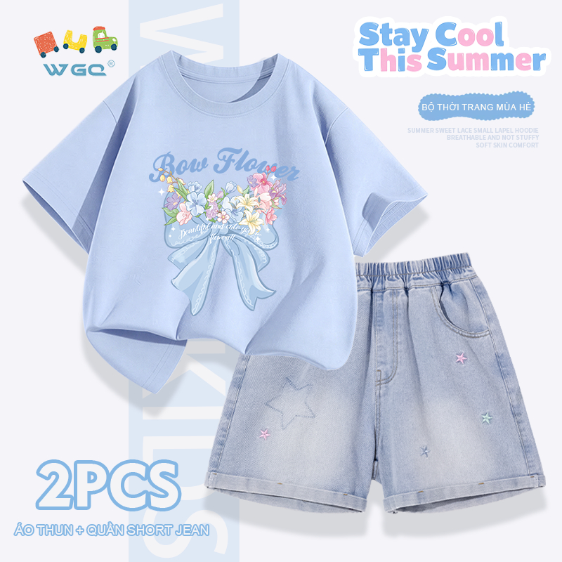W.G.Q Bộ đồ bé gái，Áo thun phù hợp với quần short Denim，thời trang phù hợp，có hoa và thêu ngôi sao