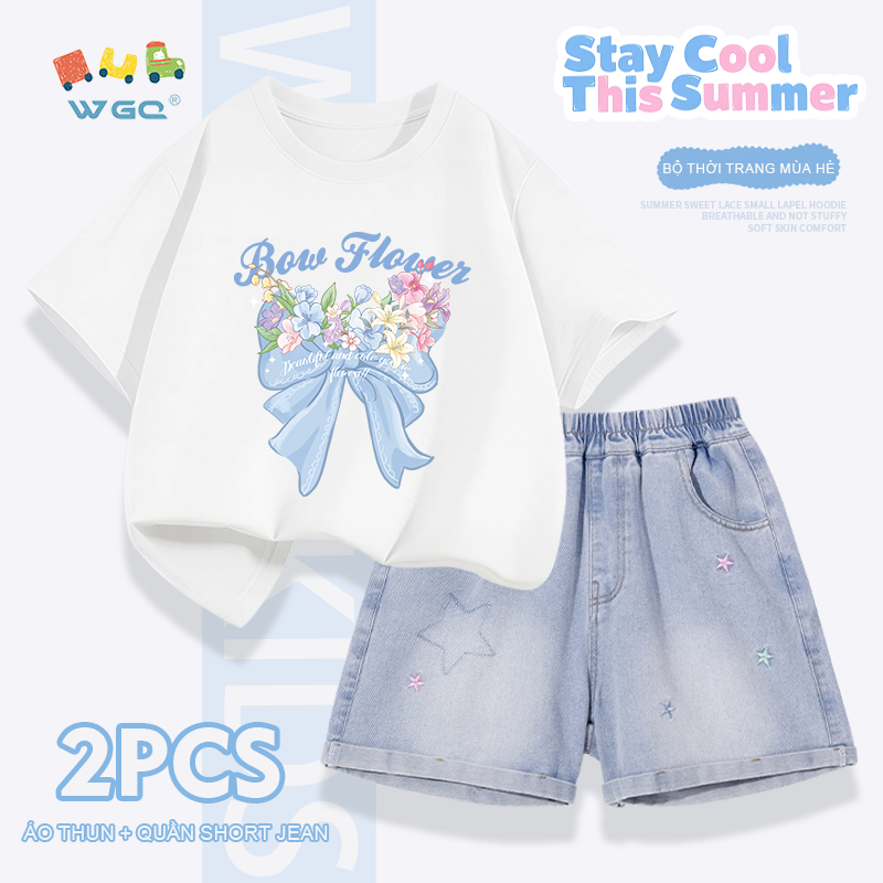 W.G.Q Bộ đồ bé gái，Áo thun phù hợp với quần short Denim，thời trang phù hợp，có hoa và thêu ngôi sao