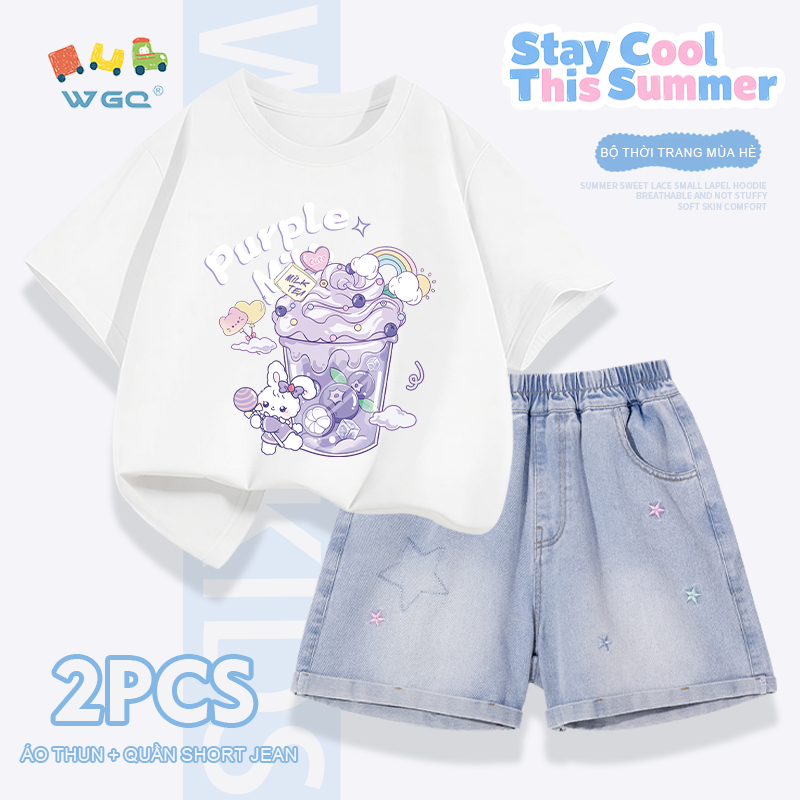 W.G.Q Bộ đồ bé gái，Áo thun phù hợp với quần short Denim，thời trang phù hợp，in kem và thêu ngôi sao