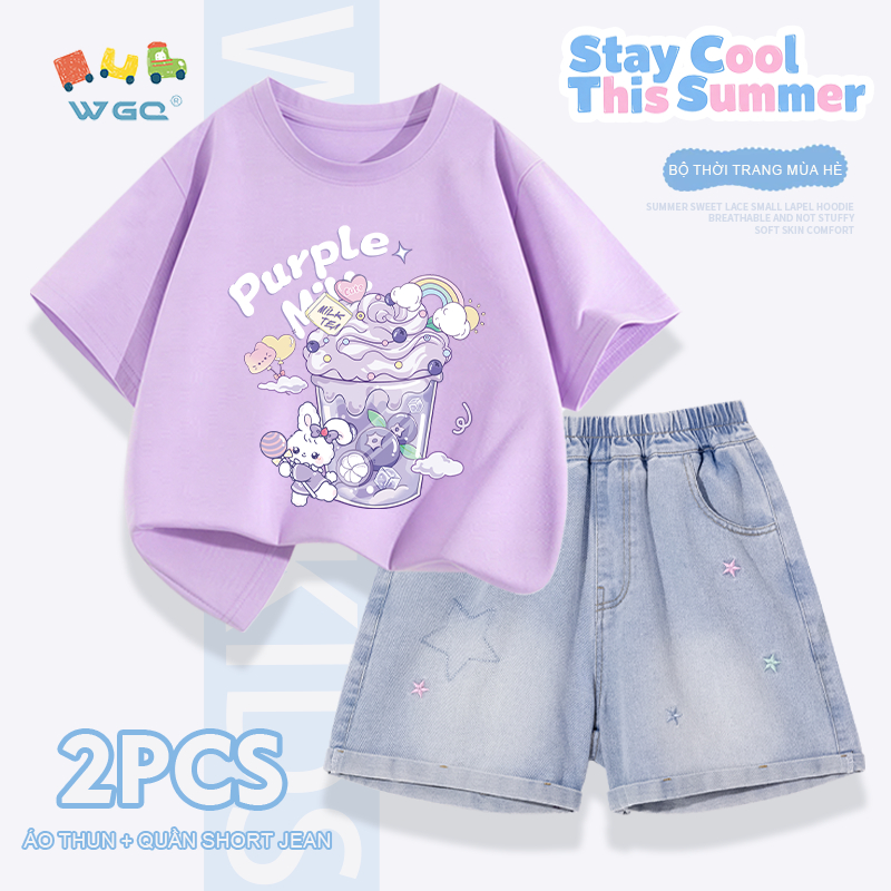 W.G.Q Bộ đồ bé gái，Áo thun phù hợp với quần short Denim，thời trang phù hợp，in kem và thêu ngôi sao