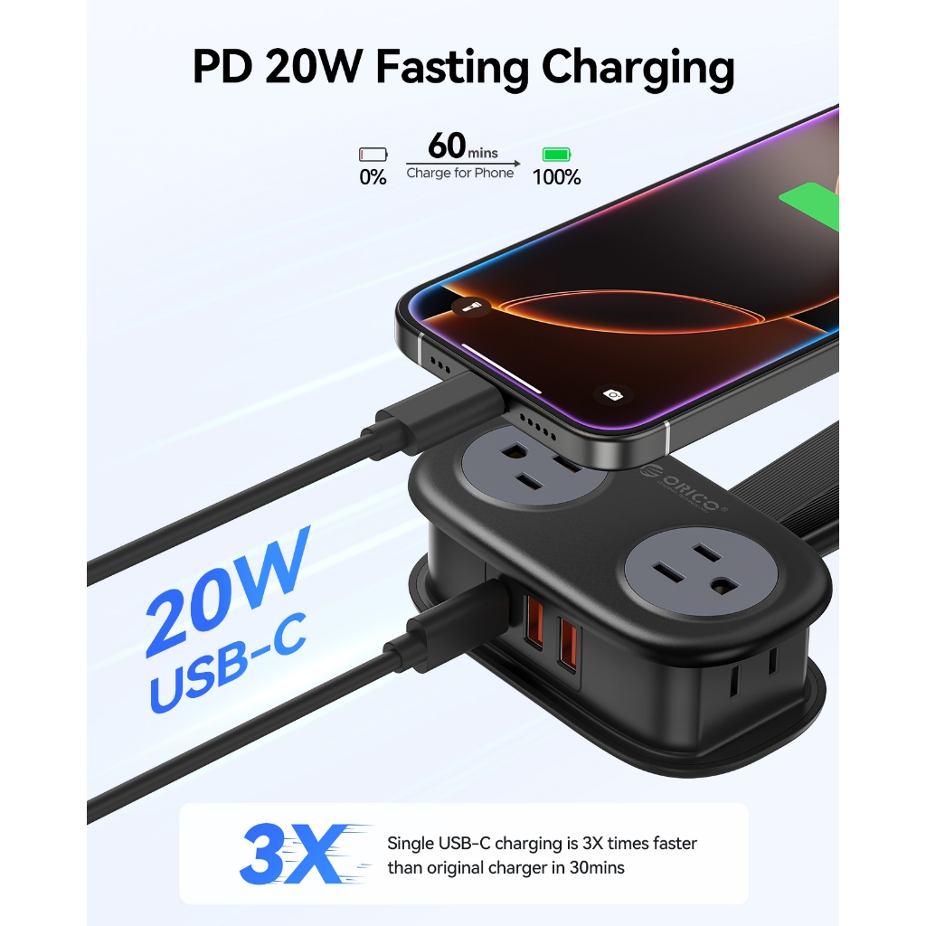 Dải nguồn du lịch di động 7 trong 1 ORICO | Ổ cắm 4AC + 2USB-A + 1PD20W Type-C Dây quấn có thể gập lại US Cắm Dây nối dài nhỏ gọn