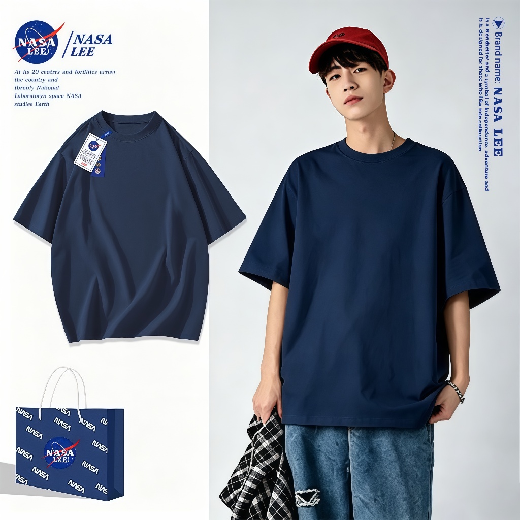 NASA Áo thun ngắn tay phong cách tối giản Unisex cotton màu trơn cổ tròn suông rộng thoáng khí cho mùa hè