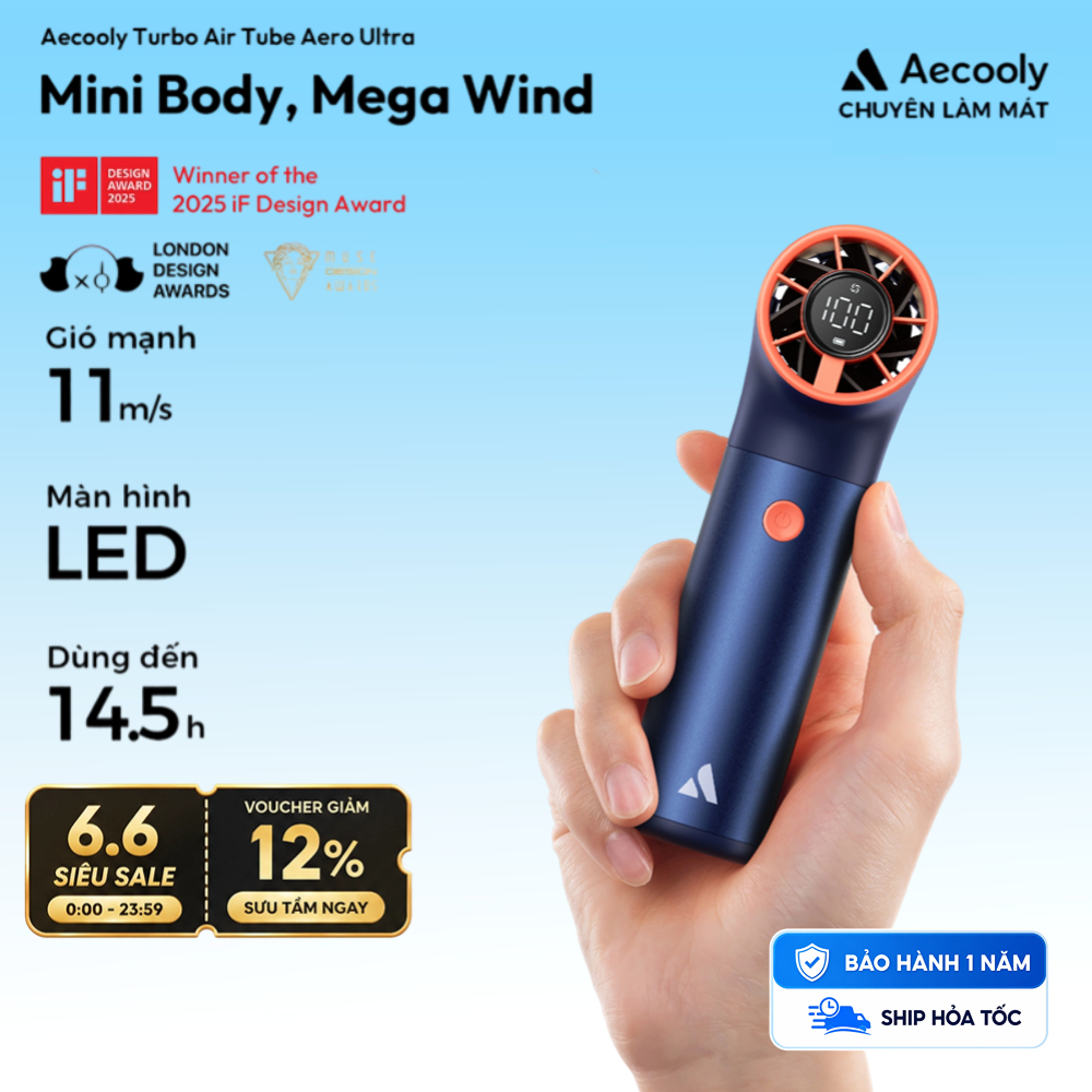 Aecooly Aero Ultra Quạt cầm tay mini Quạt tốc độ cao cầm tay Quạt 4500mAh Mini di động 6 tốc độ Làm mát mạnh mẽ cho mùa hè ngoài trời
